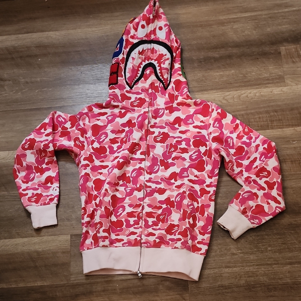 A Bathing Ape BAPE Pink Camo Shark Face Full Zip Hoodie Streetwear Hype
